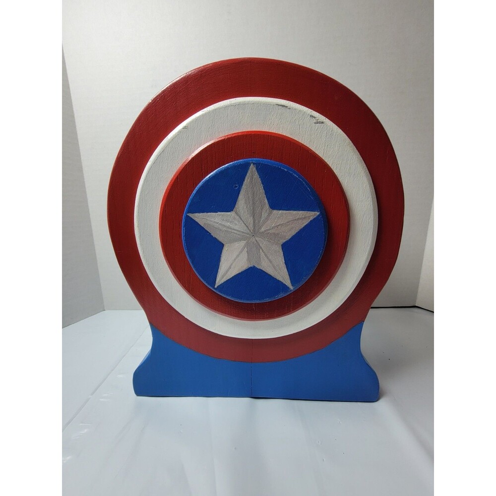 Handmade Wooden Captain America Shield Coin Bank Hand Painted Superhero